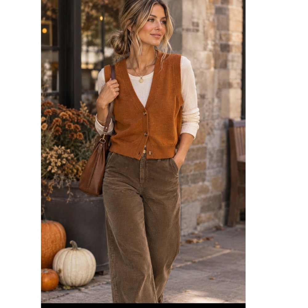 Hyacinth House Womens Burnt Orange Knit Button Front V-Neck Sweater Vest Medium